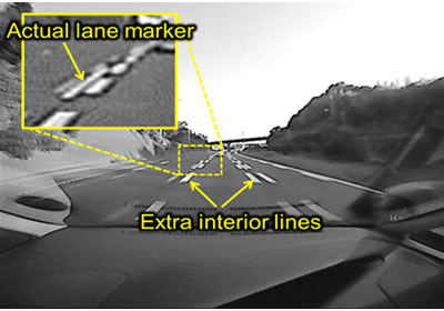 Multiple lane markers viewed through wide-angle lens