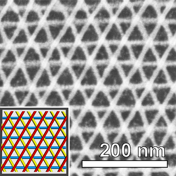 Scanning electron microscope image of a three-layer platinum mesh