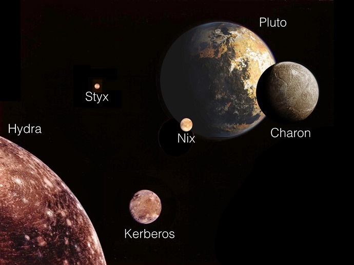 This illustration depicts Pluto and its five moons from a perspective looking away from the sun