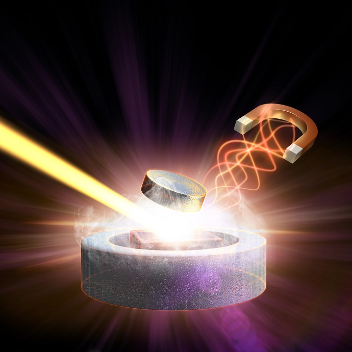 a magnetic pulse and X-ray laser light converge on a high-temperature superconductor to study the behavior of its electrons