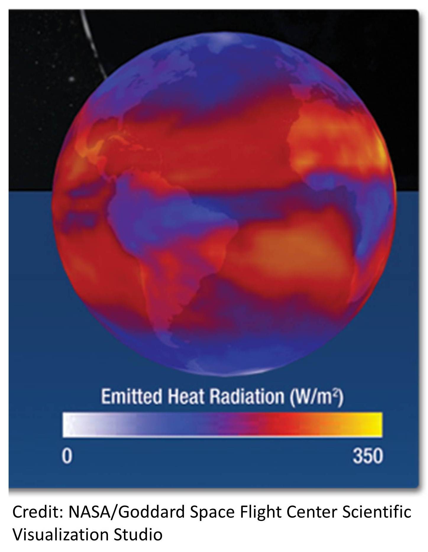 An image from NASA that illustrates the amount of terrestrial heat dissipated by Earth into the outer space