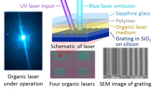 Photograph of an organic thin-film laser producing blue laser emission when excited by ultraviolet light along with microscope images and a schematic of the lasers.