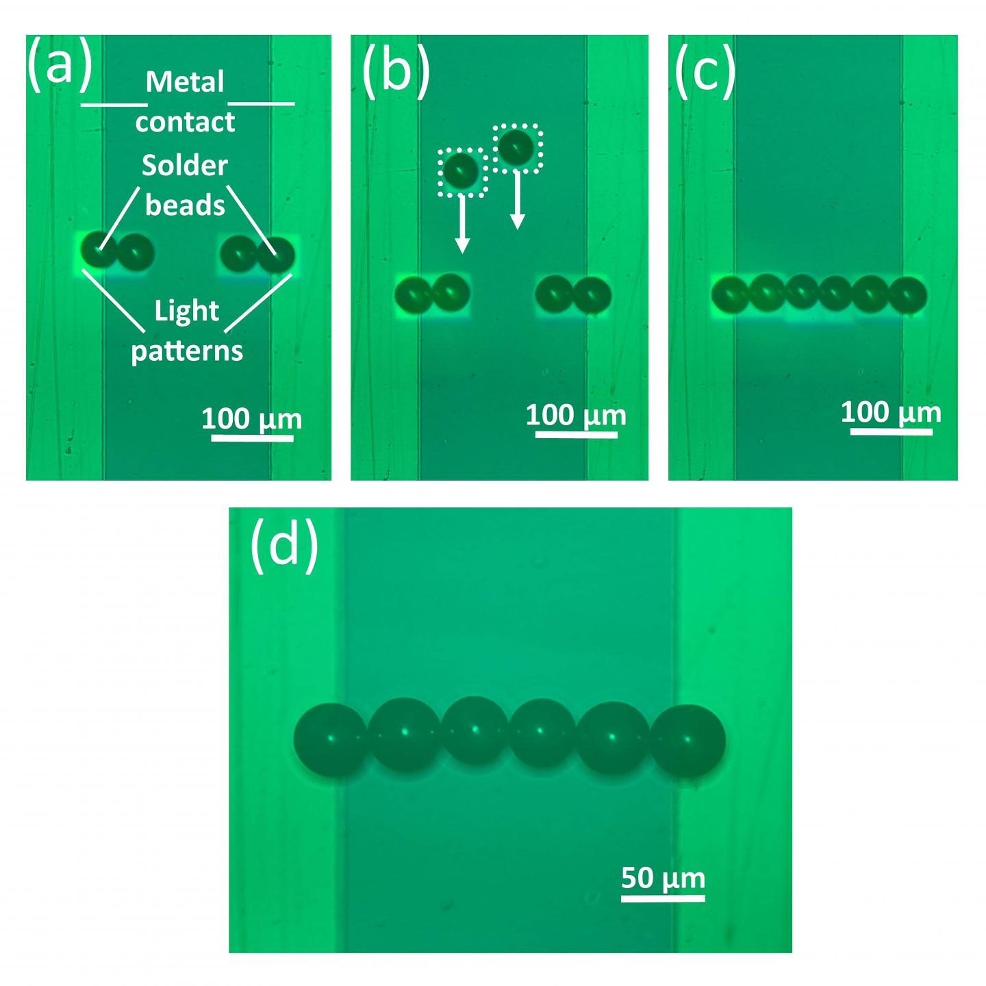 Researchers used optoelectronic tweezers to assemble a line of solder beads