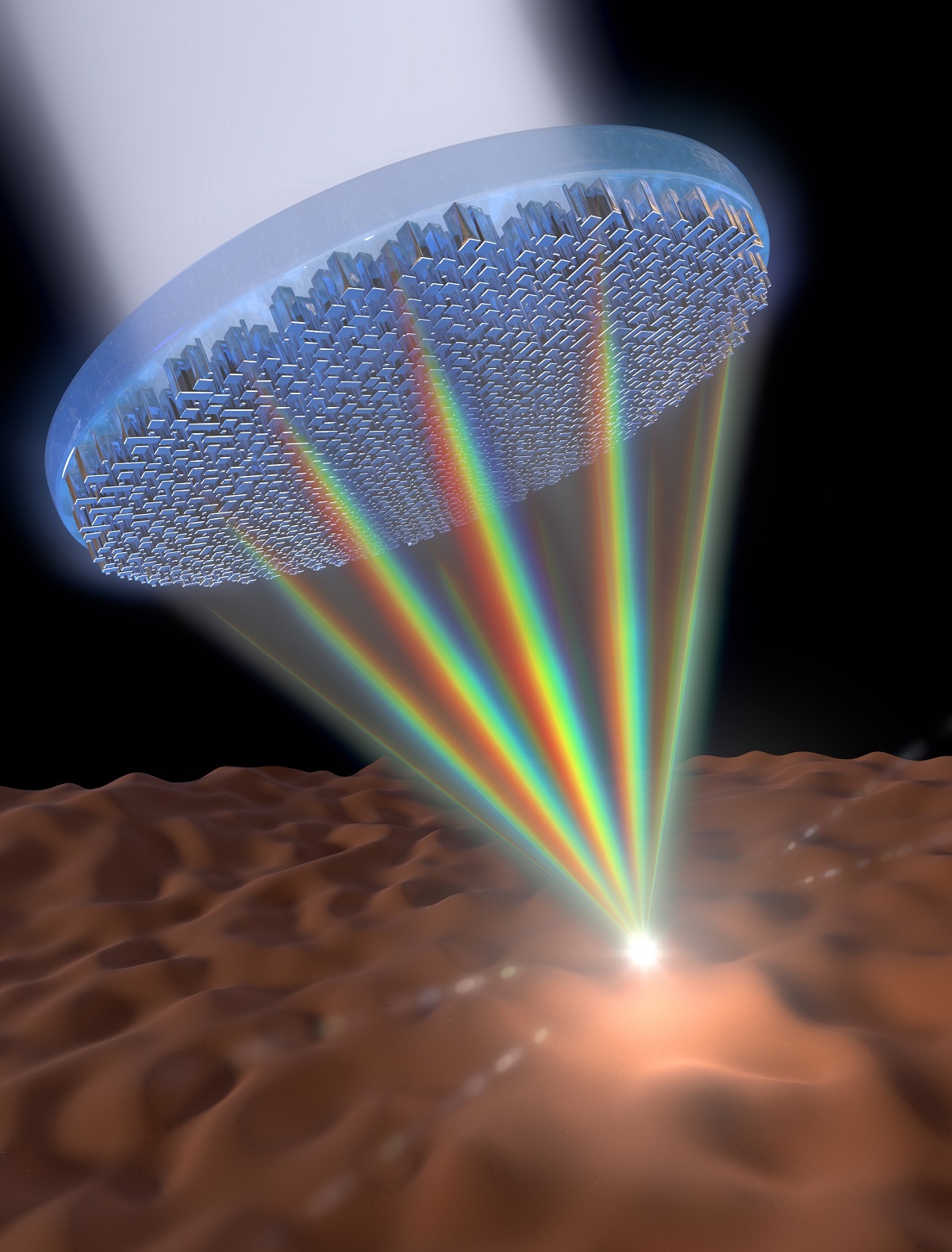 This flat metalens is the first single lens that can focus the entire visible spectrum of light — including white light — in the same spot and in high resolution
