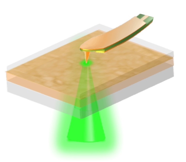 Illustration shows the microwave impedance microscopy technique illuminating the solar cell from below.