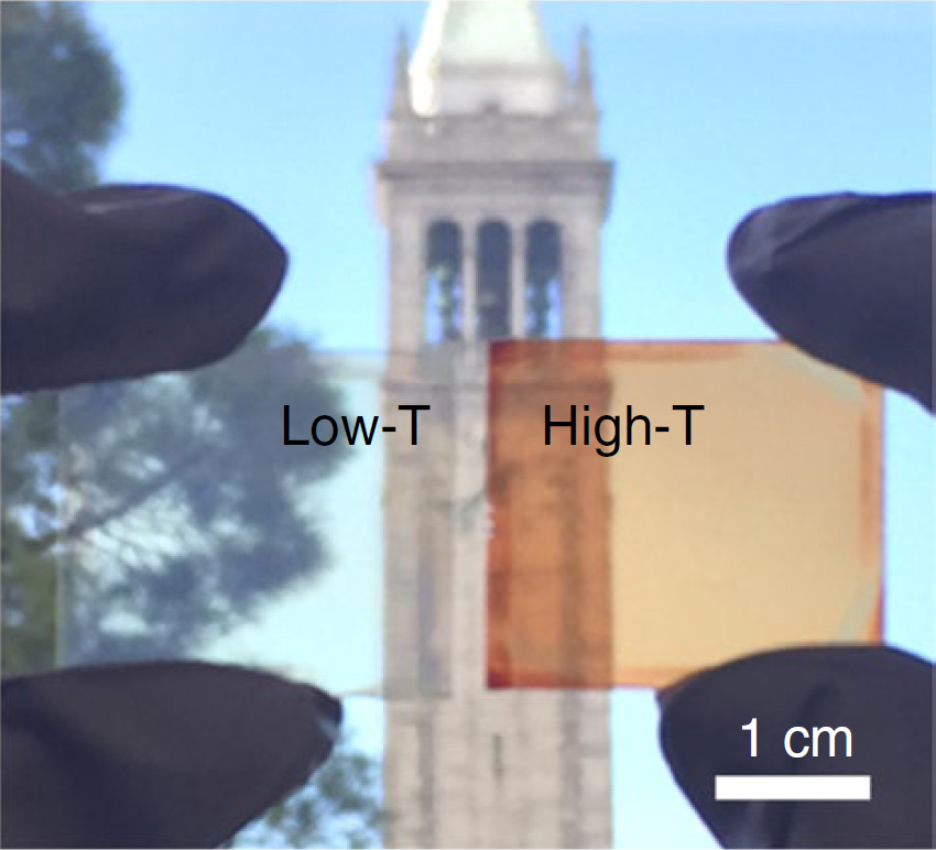 UC Berkeley’s campanile seen through the low-temperature thin-film halide perovskite, which is transparent, and the heated perovskite, which is orange-red and converts sunlight into electricity