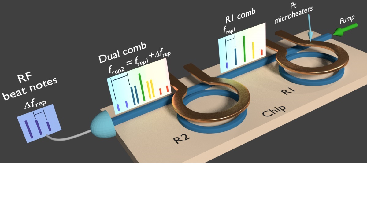 A compact, integrated, silicon-based chip used to generate dual combs for extremely fast molecular spectroscopy