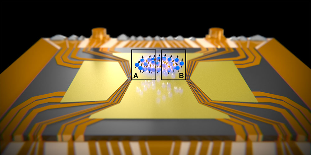 A cloud of atoms is held above a chip by electromagnetic fields