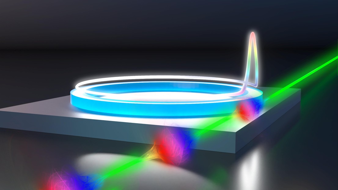 An artistic rendering of a beam of free electrons interacting with an optical pulse in a ring-shaped microresonator