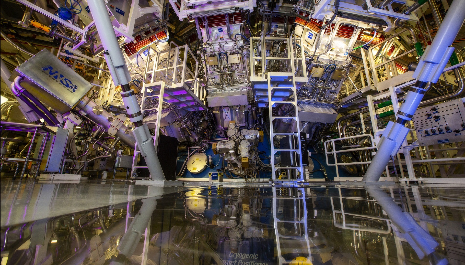 NIF’s target chamber is where the magic happens -- temperatures of 100 million degrees and pressures extreme enough to compress the target to densities up to 100 times that of lead are created there