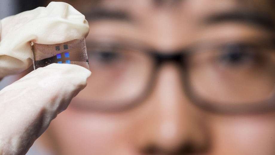 Kai Wang holding a sample that has multiple metasurface camera lenses