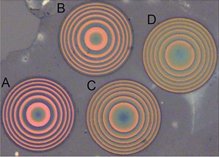 Four ultrathin metalenses developed by University of Washington researchers and visualized under a microscope.