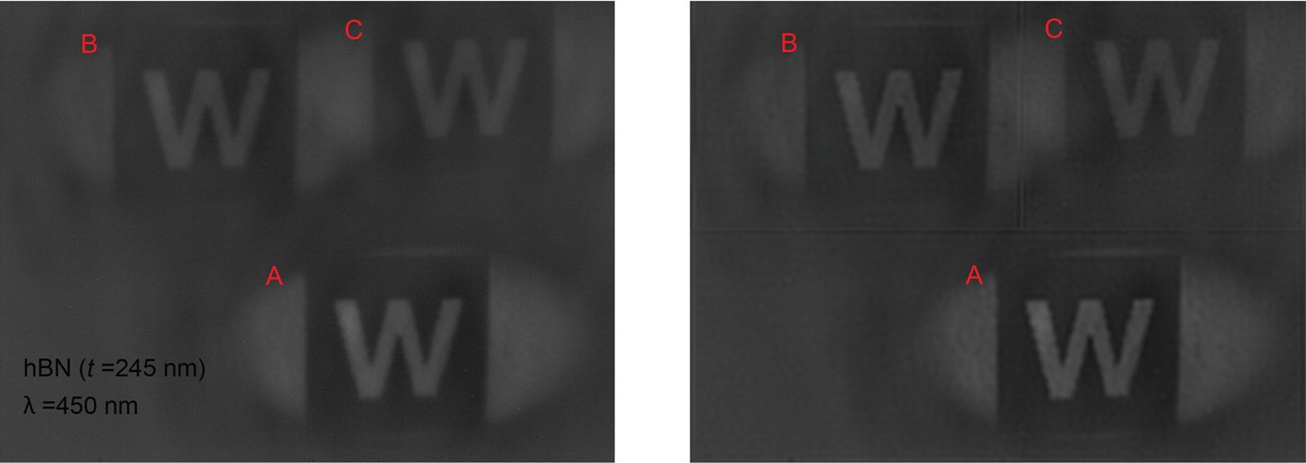 A block letter W imaged by three different prototype metalenses using different mathematical models — both without and with computational postprocessing