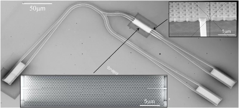 A closer look at the new optical waveguide device featuring a zoomed-in view of the fabricated photonic crystal topological insulator