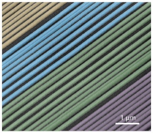 Image of a section of a cylindrical lens, consisting of silicon nanostructures, operating at red wavelengths