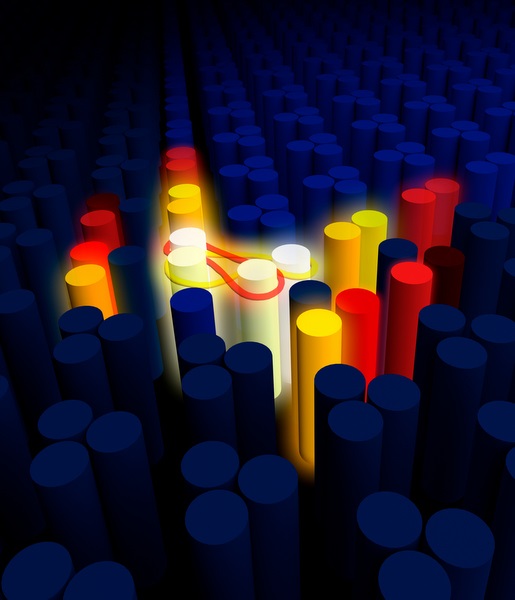 Illustration of light localized in space inside the topological crystal, entangled by interaction and topology