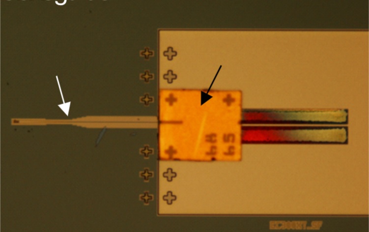 Microscope image of an InP DFB laser assembled on a Si Photonics chip