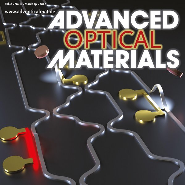 Cover of Advanced Optical Materials Volume 8, Issue 6 featuring the new research of TU/e researchers on reconfigurable photonics.