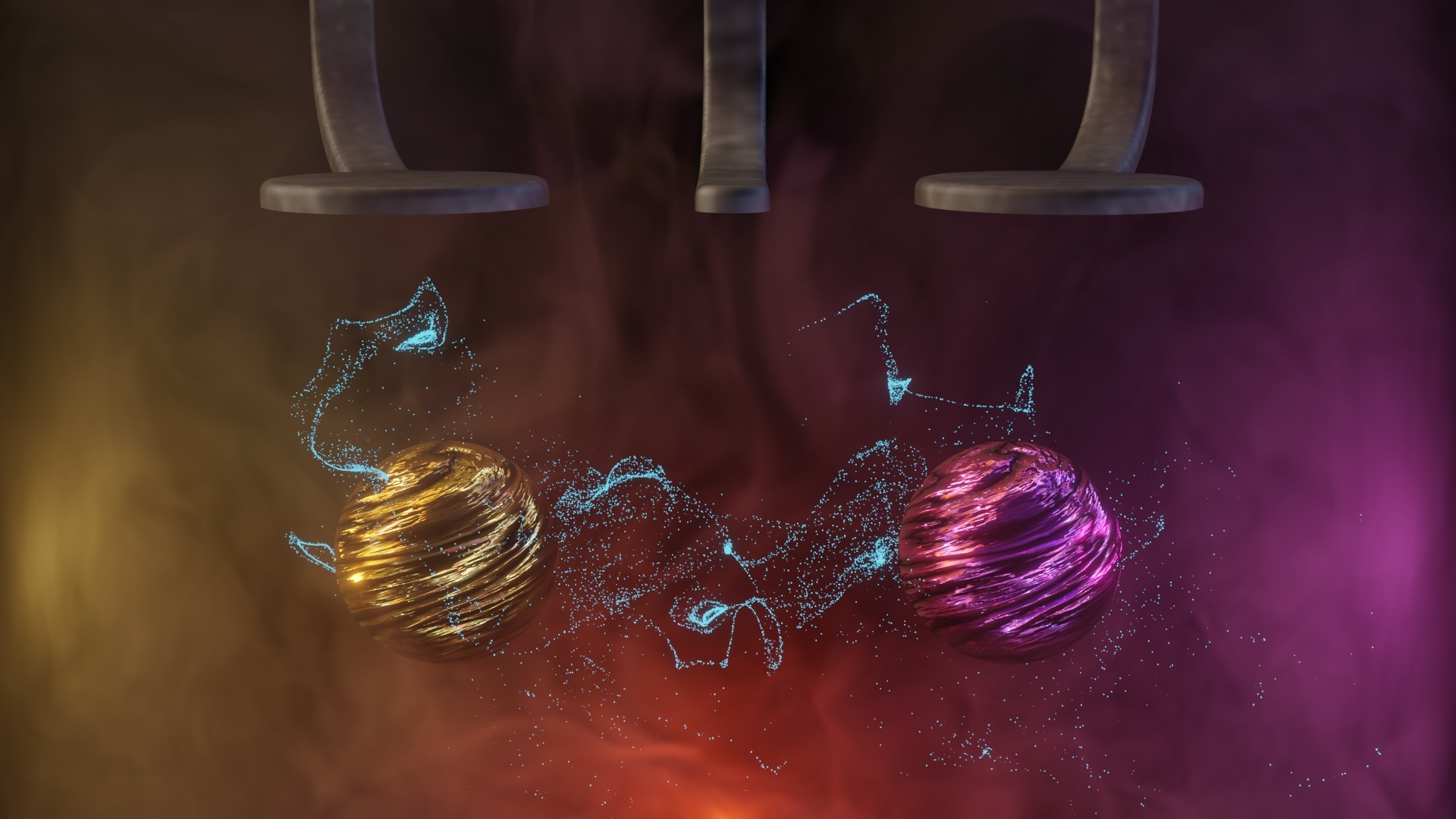 Artistic representation of quantum entanglement between two 'hot' qubits. The three electrodes at the top of the figure are made using standard techniques. Enabling qubits to operate at practical temperatures is a major step towards scalable quantum technology.