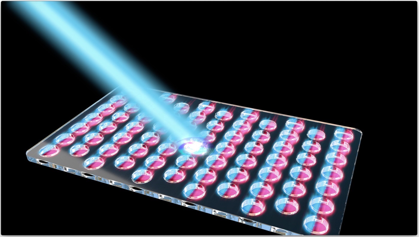 The photonic crystal traps light in a different pattern for each color of light