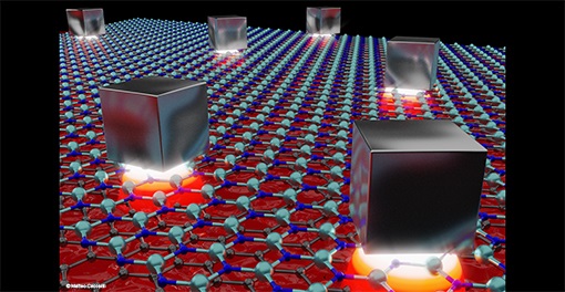 artistic illustration of the light compressed below the silver nanocubes randomly placed over the graphene-based heterostructure