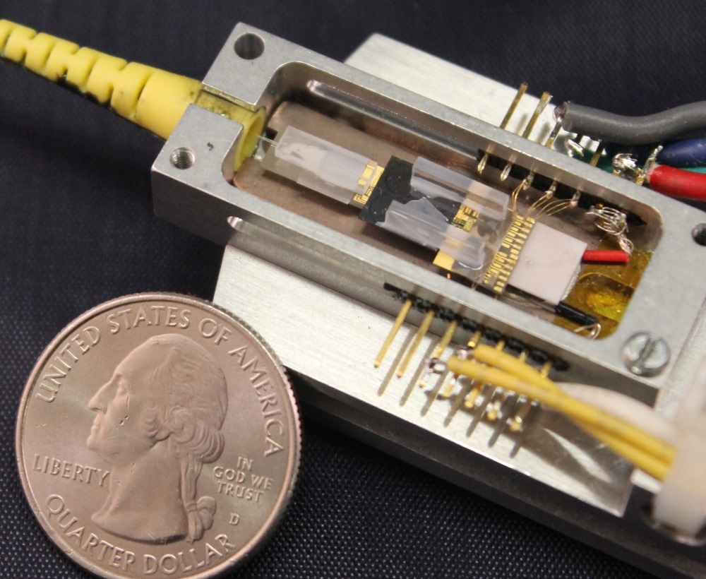 The internal workings of the turnkey soliton microcomb chip, with quarter for scale