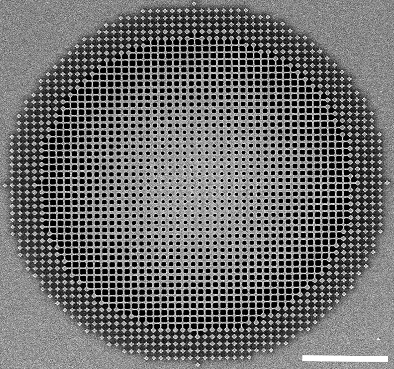 Shown is the fishnet achromatic metalens developed by Berkeley engineers.
