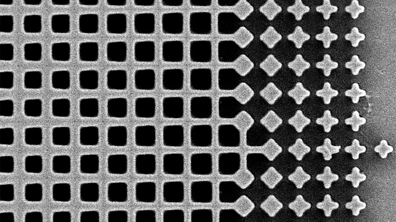 Magnified view of the metalens showing its gradient fishnet pattern