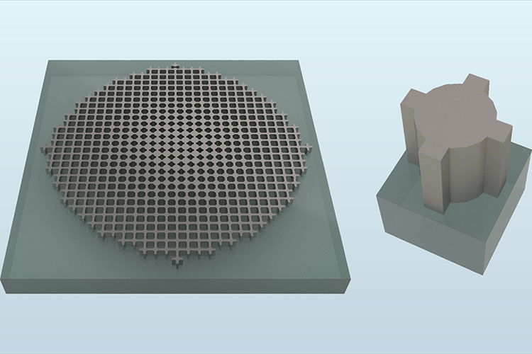 Schematic of the fishnet metalens and a closeup of its unit cell. The metalens is made of titanium dioxide.