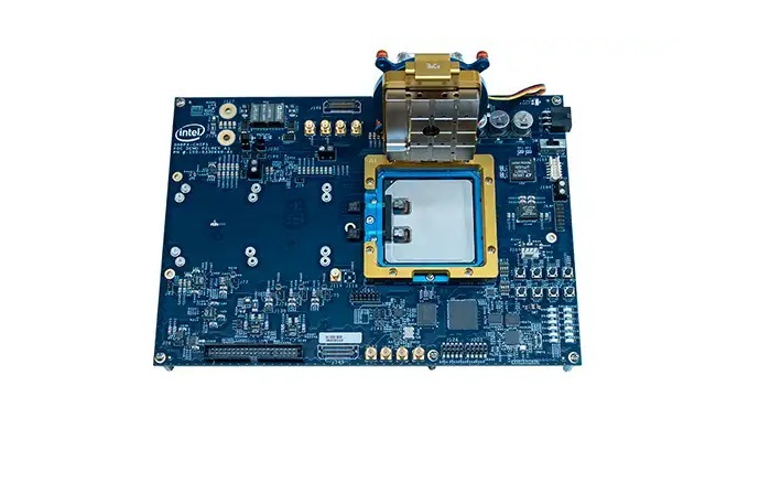 This image shows the optically connected FPGA board developed by Intel and Ayar Labs