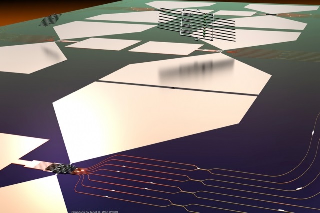 This graphic depicts a stylized rendering of the quantum photonic chip and its assembly process.