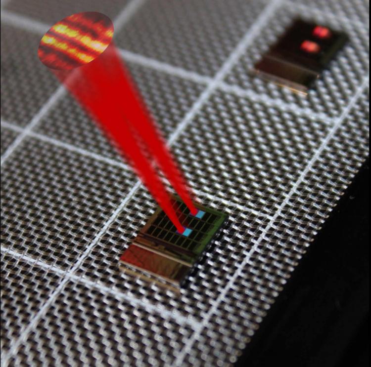 A silicon chip with a tiled array of serpentine optical phased array tiles