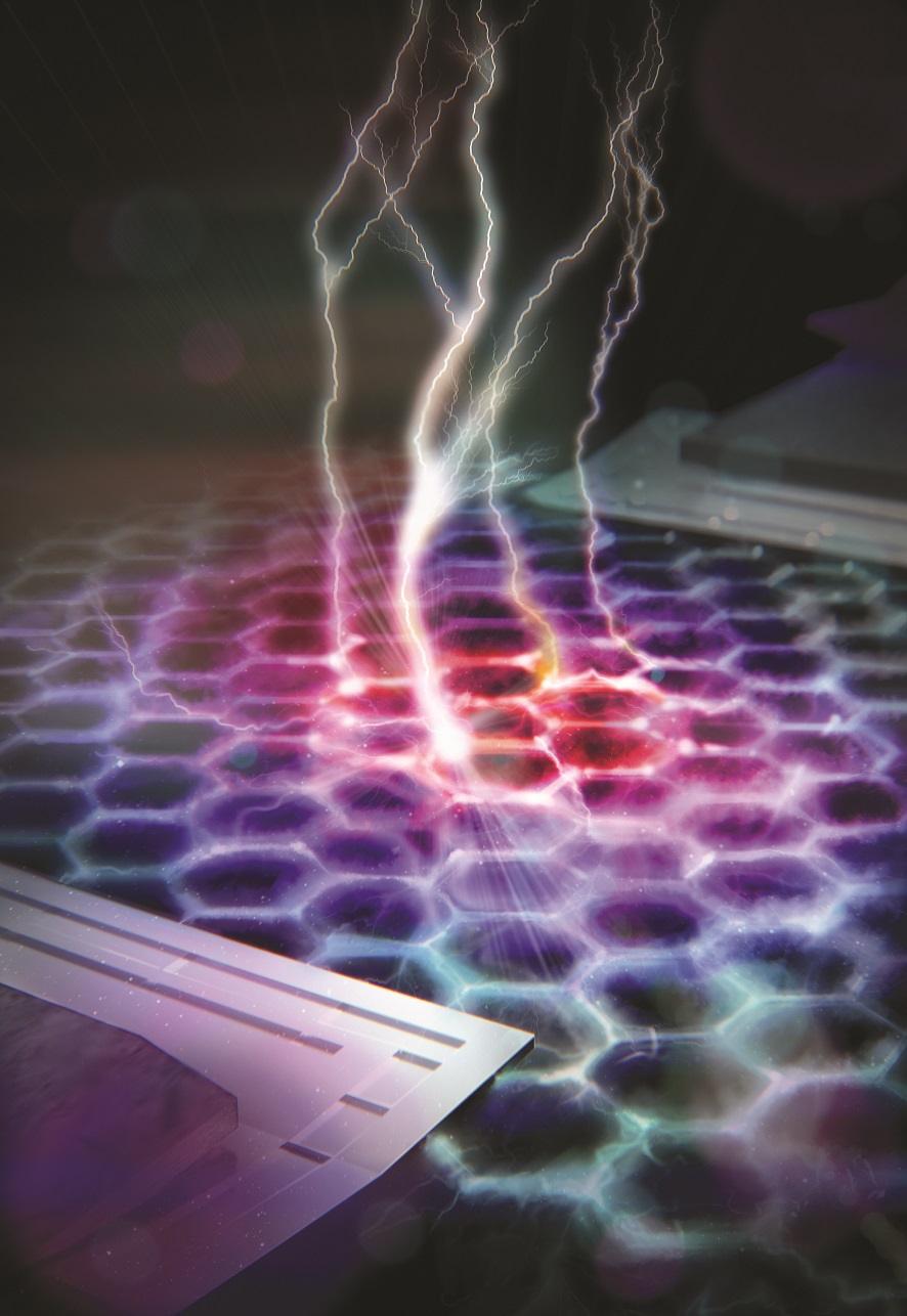 Artistic impression of electric conduction and superconductor proximity effect in a heated graphene bolometer