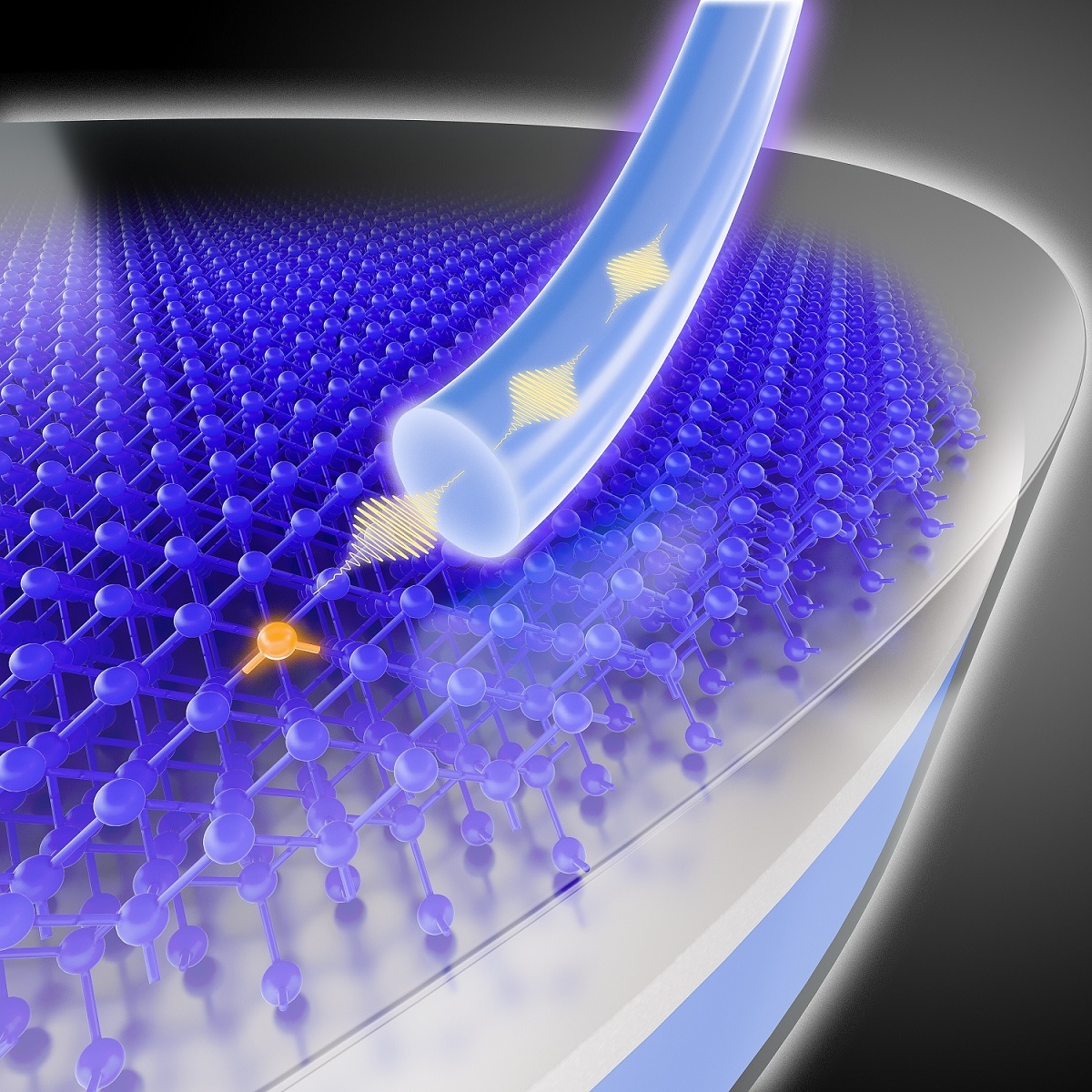 Schematic representation of a single defect in a silicon wafer created by the implantation of carbon atoms, which emits single photons in the telecom O-band coupled to an optical fiber