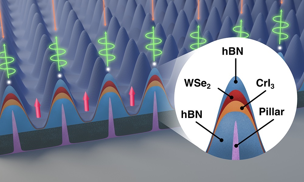 This illustration of a nanoscale node created by the lab of Nick Vamivakas, professor of quantum optics and quantum physics, shows a closeup of one of an array pillars, each a mere 120 nanometers high