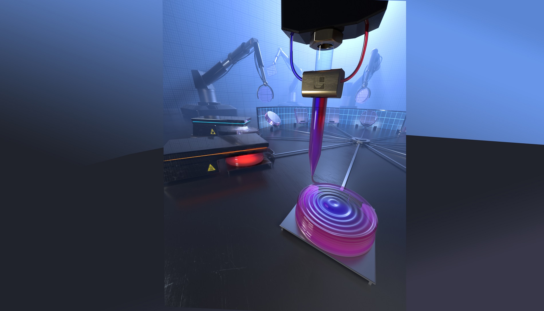 Artistic rendering of an aspirational future automated production process for custom GRIN optics, showing multi-material 3D printing of a tailored composition optic preform, conversion to glass via heat treatment, polishing and inspection of the final optics with refractive index gradients.