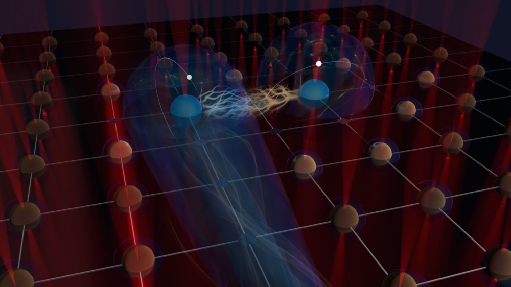 Illustration of the interaction between two Rydberg atoms in a dynamic arrangement of trapped atomic qubits