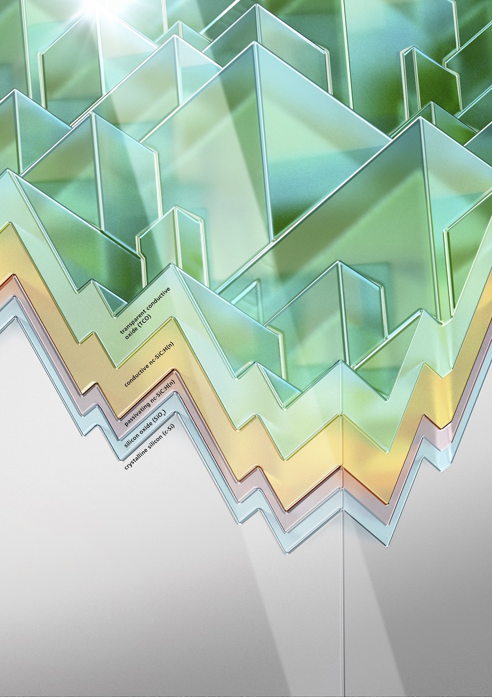 Layer sequence of the new solar cells with transparent frontal layers on a wafer with random pyramid structure