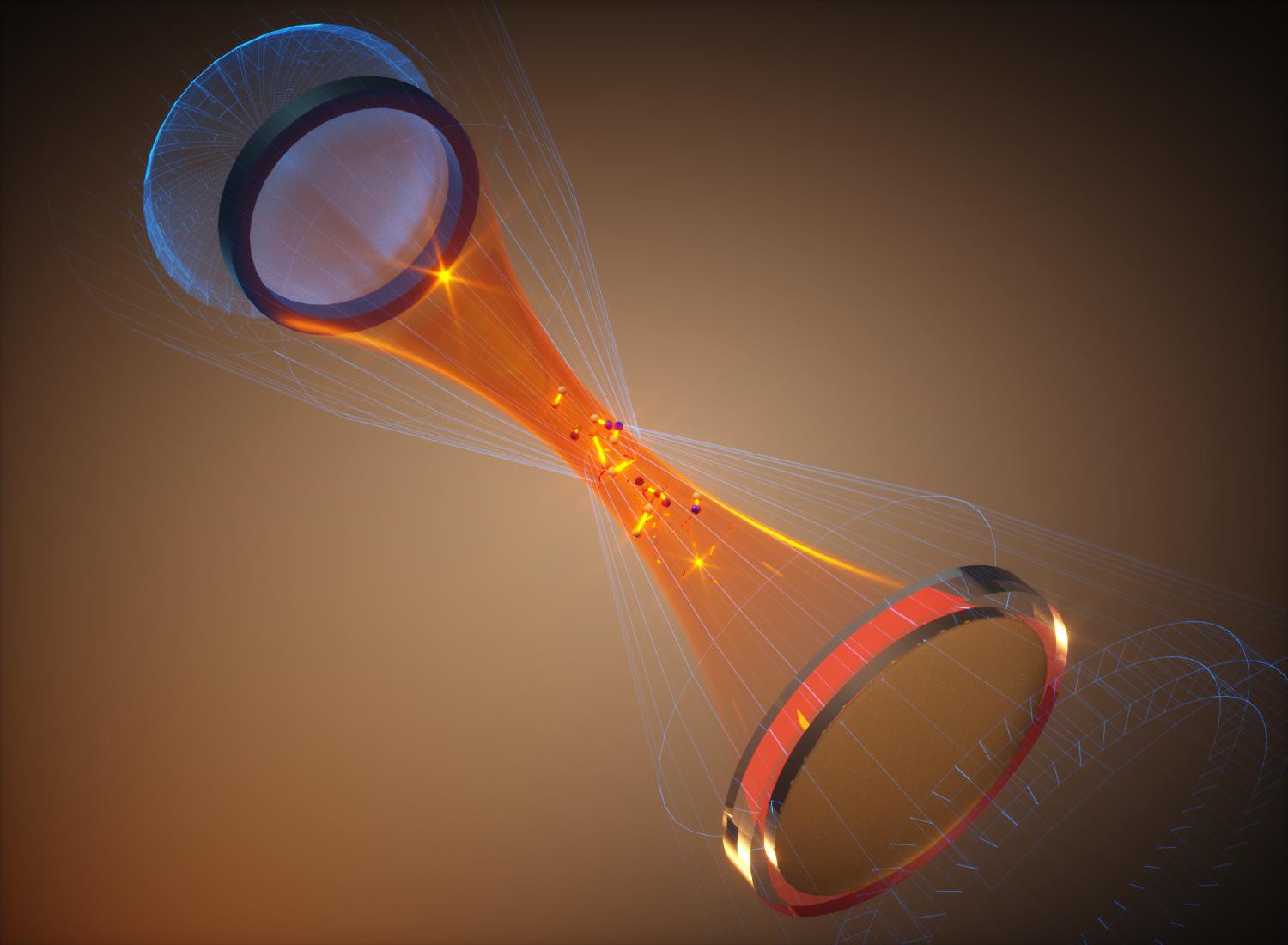 A collection of atom pairs inside an optical cavity formed by a pair of mirrors facing each other