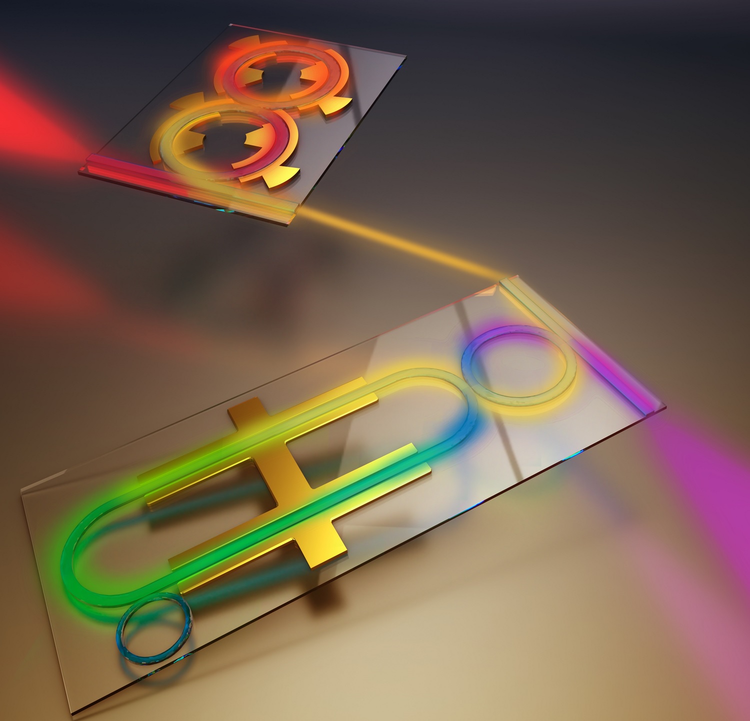 In the top device, two coupled resonators form a figure eight-like structure