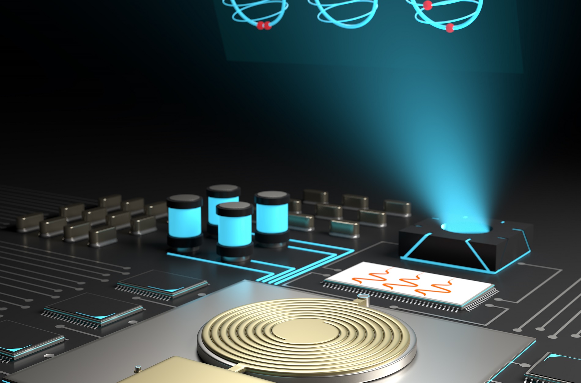 Artistic impression of an on-chip microwave source controlling qubits