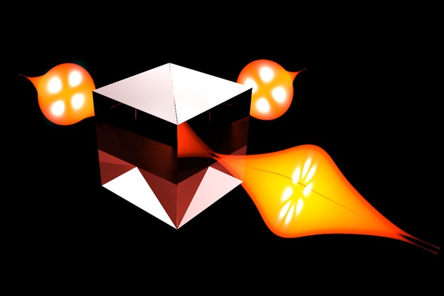 Conceptual image displaying the input photons bunching into a two-photon structure made visible through post-selecting on the two photons coexisting in the same transverse position