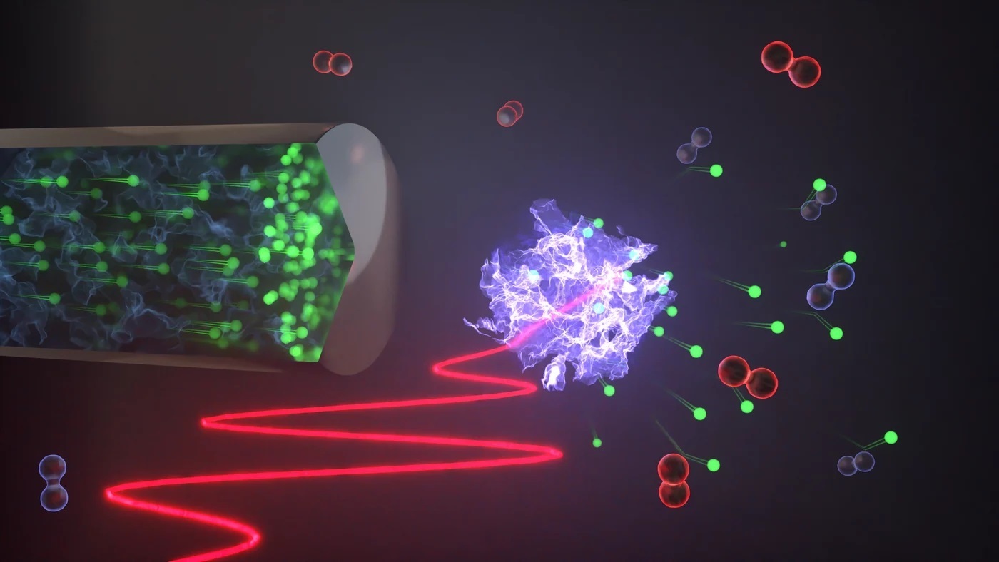 A strong few-cycle laser pulse leads to strong-field ionization of gas atoms and molecules. The motion of electrons ejected from the atoms and molecules by the light induces a current in the nearby electrode