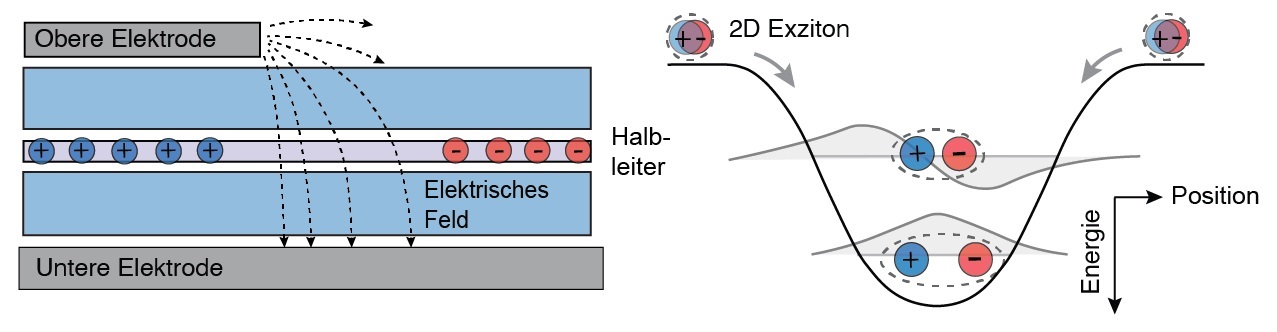 When a voltage is applied to the top and bottom electrodes, holes and electrons accumulate inside the semiconductor