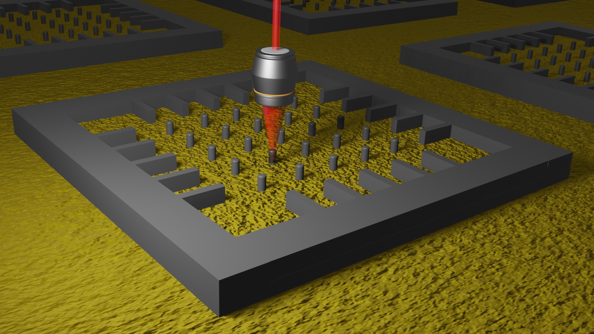 The researchers use an objective lens to test the light output from an array of silicon nanopillars on a chip