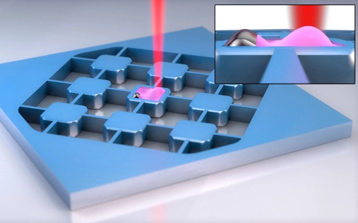 Artist's depiction of an electro-optic transducer, an ultra-thin device that can capture and transform the signals coming from a superconducting qubit