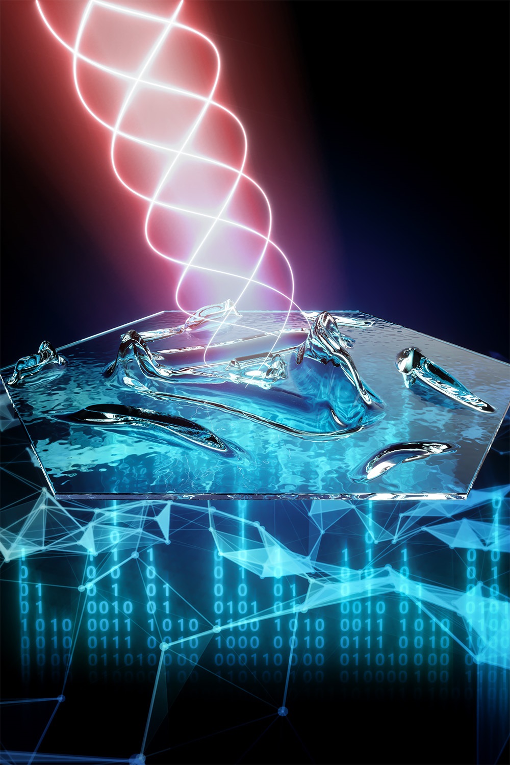 This artistic rendering depicts the intelligent sensing process of two-dimensional materials called moiré metamaterials. Quantum geometric properties of the metamaterial determine how it responds to an incoming light wave. The wave’s fundamental properties are then interpreted by a neural network.