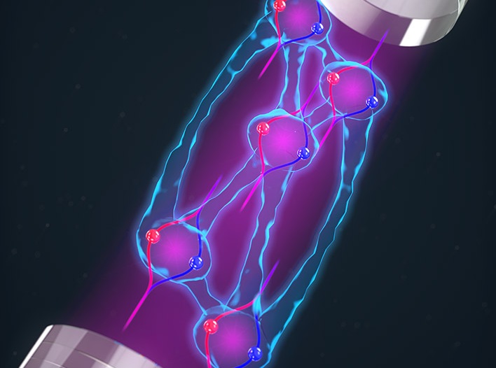 A rendering of the entangled atoms within the interferometer