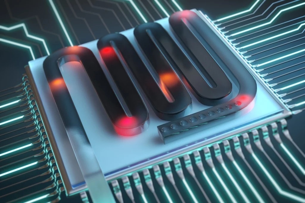 Artististic interpretation of the experiment, in which individual erbium atoms are integrated into a silicon chip.