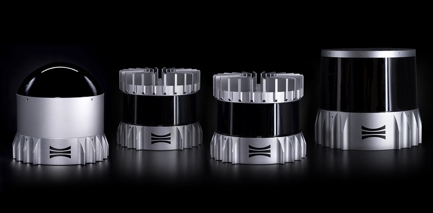 Ouster's REV7 OS series lineup of OSDome, OS0, OS1, and OS2 digital lidar sensors.